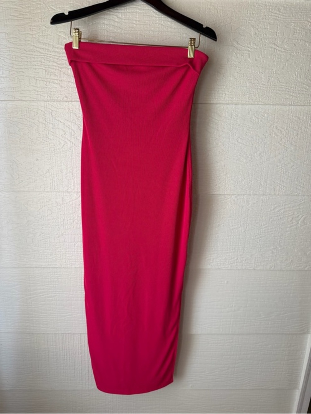 Hot Pink Strapless Ribbed Bodycon Maxi Dress Size Small Side Slit Wedding Guest